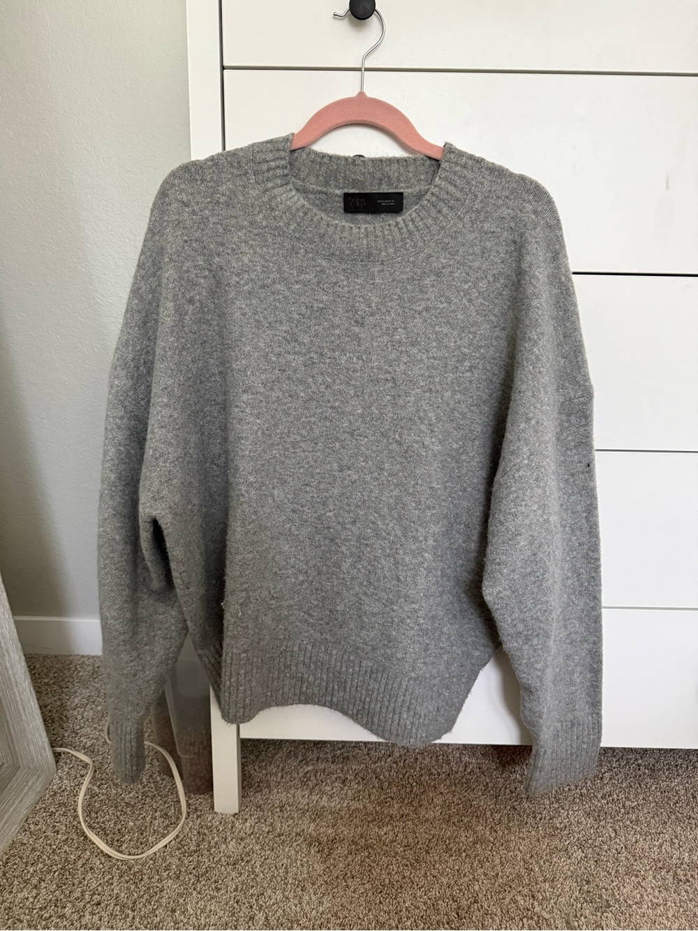 Zara Light Gray Fuzzy Knit Crewneck Sweater